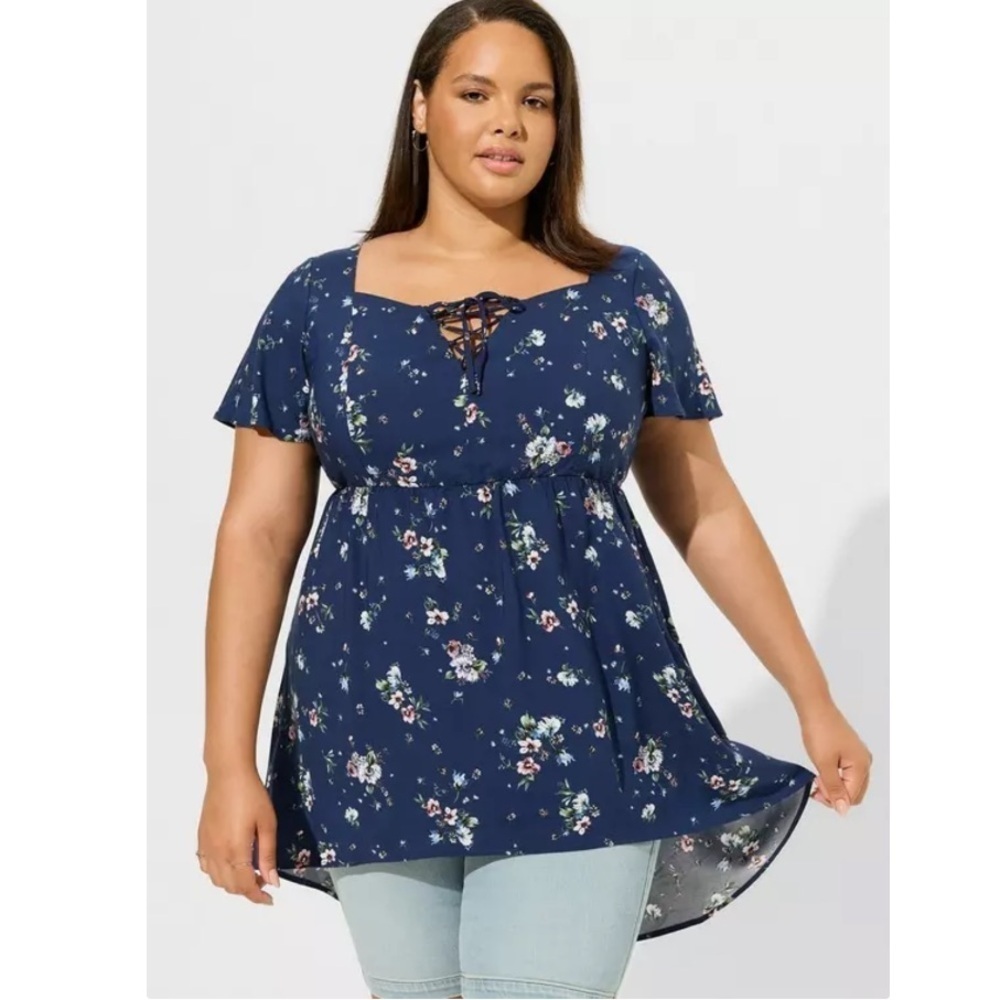 Torrid Floral Babydoll Blouse 1X Navy Blue Lace Up High Low Tunic Flowy Plus